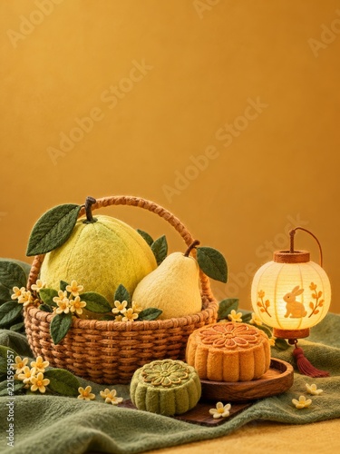 Felt Harvest Basket with Pear Pomelo Mooncakes and a Glowing Rabbit Lantern