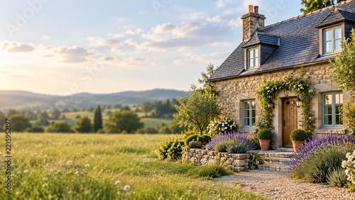 Stone Country Cottage with Climbing Roses and Lavender at Golden Sunset
