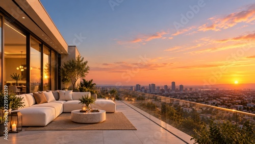 Penthouse Terrace with a Cream Sofa and Glass Railing at a City Sunset