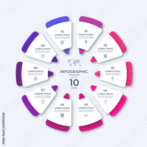Ten step circular infographic template. Cycle diagram with 10 options. Can be used for report, business analytics, data visualization, strategy, planning, presentation.
