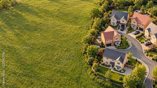 Aerial View of New Suburban Houses around a Green Landscaped Cul De Sac