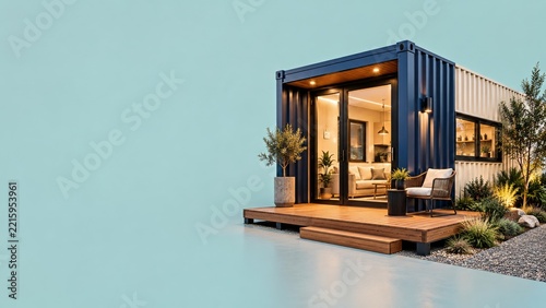 Blue and White Container Home with a Glowing Interior on a Teal Backdrop