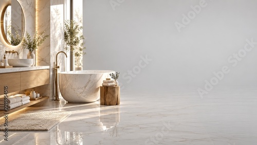 Marble Bathroom with a Freestanding Tub and Oak Vanity in Warm Sunlight
