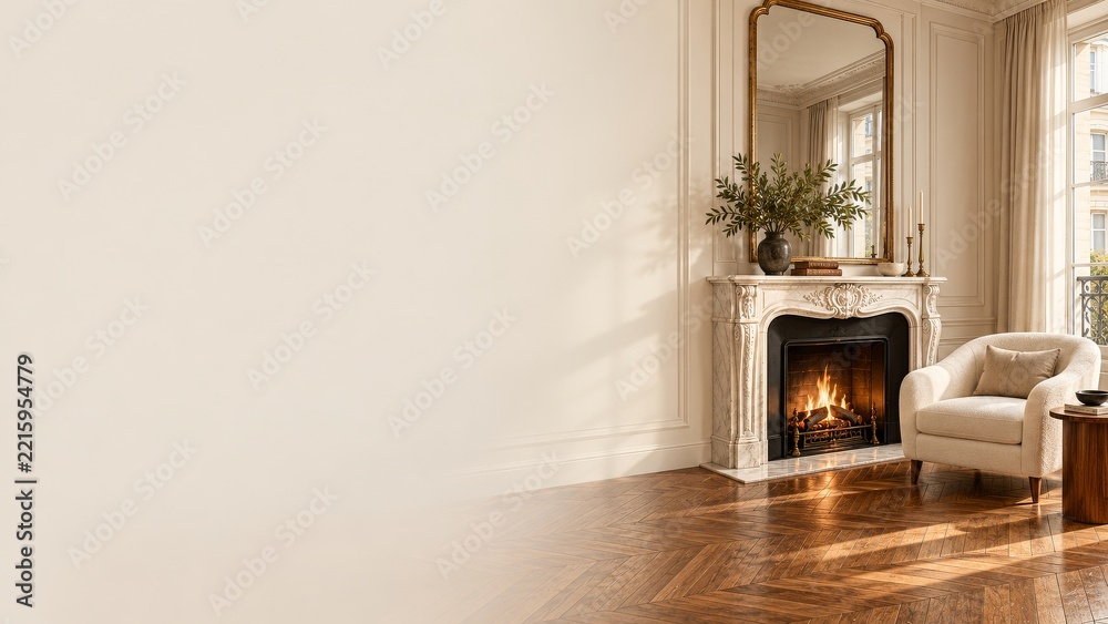 Fototapeta premium Classic Marble Fireplace with a Gold Mirror and Cream Armchair in Sunlight