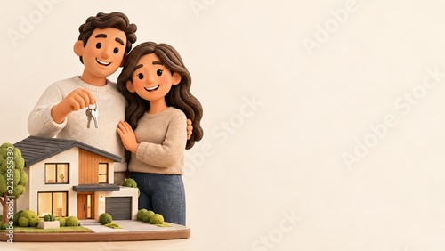 Smiling Clay Couple Holding New House Keys beside a Miniature Family Home
