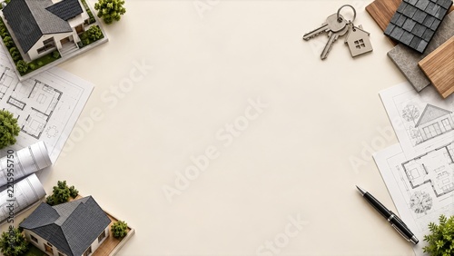 Overhead House Models Keys and Plans around an Empty Cream Planning Desk