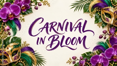 Carnival in Bloom Calligraphy with Purple Orchids and Tropical Leaves