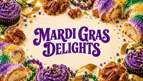 Mardi Gras Delights Greeting with King Cake Cupcakes and Pecan Sweets