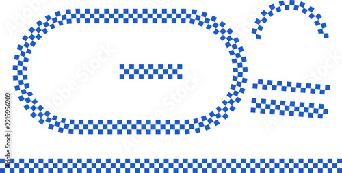 Blue checkered race track layout with oval circuit and curved borders on white background