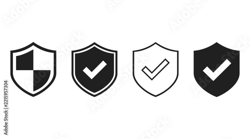 Set of black and white security shield symbols with check mark for protection.