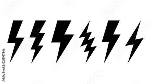 Black lightning bolt silhouettes set for weather symbol design concept.