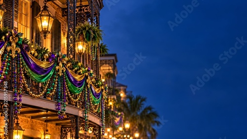Lantern Lit Carnival Balcony with Colorful Drapes and Blue Evening Sky