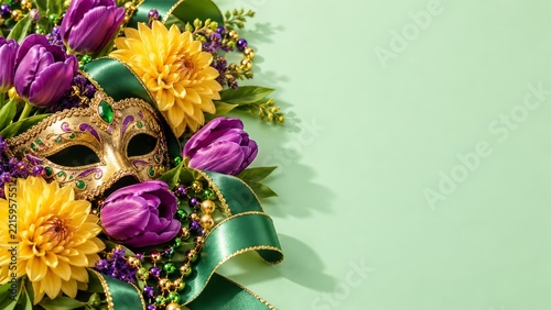 Golden Carnival Mask with Purple Tulips and Yellow Dahlias on Mint
