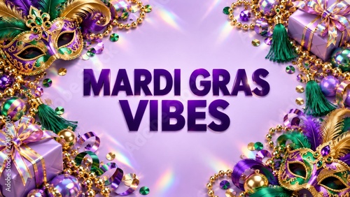 Mardi Gras Vibes Purple Lettering with Iridescent Ribbons and Gifts