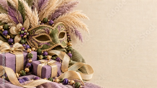 Embroidered Linen Carnival Mask with Pampas Grass and Wrapped Gifts