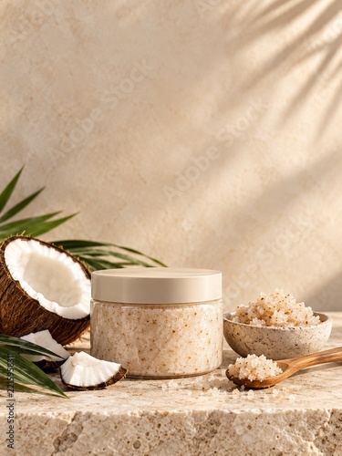Coconut body scrub with a wooden spoon and tropical palm leaves