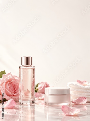 Pink toner and a frosted cream jar with roses and folded towels