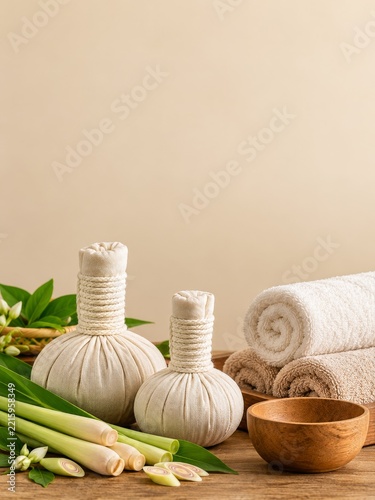 Linen herbal compresses and lemongrass with folded spa towels