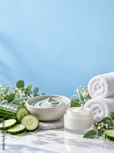 Cucumber slices and green facial clay beside a white cream jar