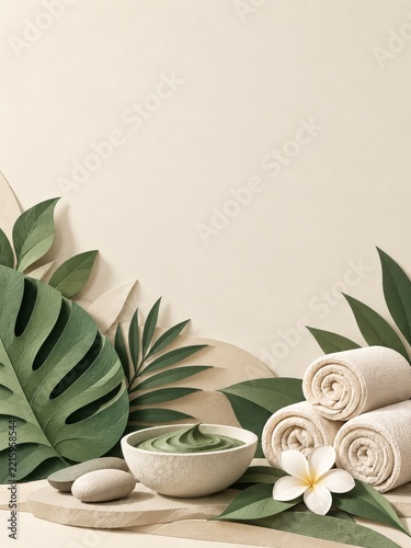 Papercraft spa towels and green mask bowl among folded tropical leaves