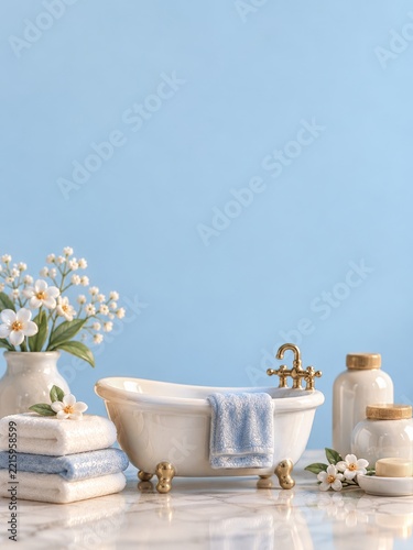 Miniature porcelain bathtub and blue towels with brass fixtures