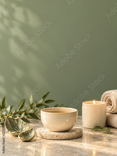 Cream tea cup and candle with glazed leaf dishes on sage green