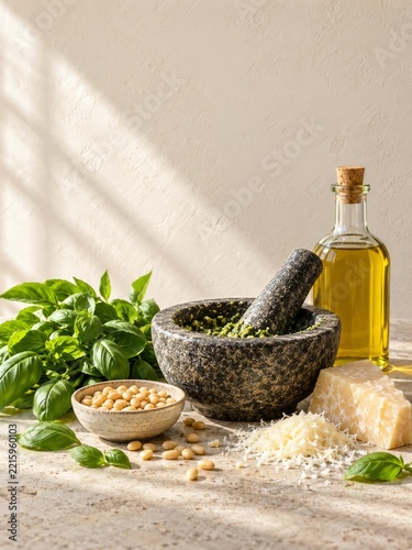 Basil pesto in a stone mortar with pine nuts and cheese on a cream counter