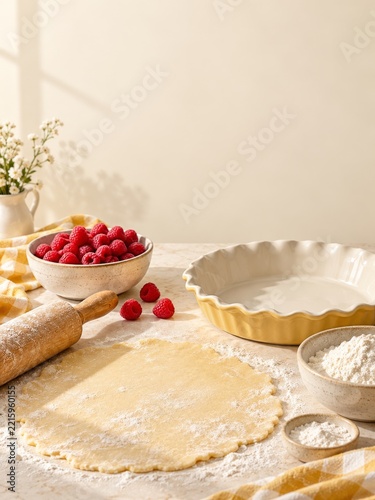 Rolled pastry and raspberries beside a yellow pie dish on a cream backdrop