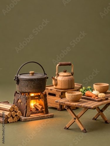 Miniature camping stove and wooden cookware against an olive green backdrop
