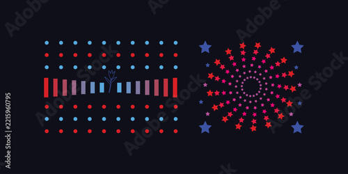 Abstract digital art with geometric patterns of dots, bars, and colorful stars