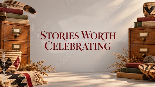 Stories Worth Celebrating Message with Books and Wooden Archive Drawers