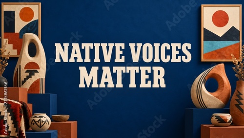 Native Voices Matter Typography in a Blue Art Display with Sculptural Pottery