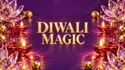 Diwali Magic Gold Typography with Ruby Lamps and Crystal Lotus Ornaments
