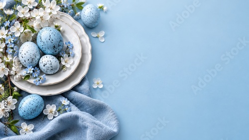 Blue Speckled Easter Eggs on Scalloped Plates with Spring Blossoms