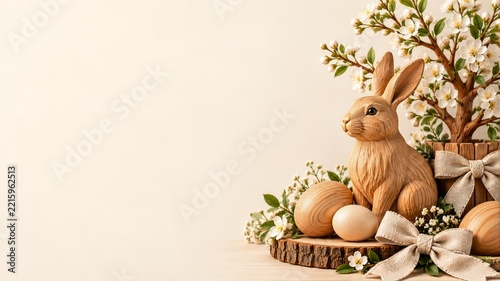 Carved Wooden Rabbit and Eggs beside a Flowering Tree on Cream