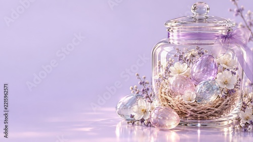 Pastel Glass Easter Eggs in a Lidded Jar with Lavender Ribbon