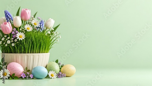 Pastel Easter Eggs beside Spring Grass and Tulips on Mint Green