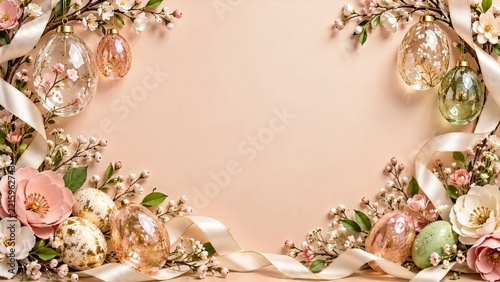 Glass Easter Egg and Blossom Border with Satin Ribbons on Peach