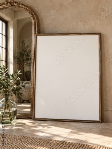Blank Gold Picture Frame beside an Ornate Mirror and Olive Vase