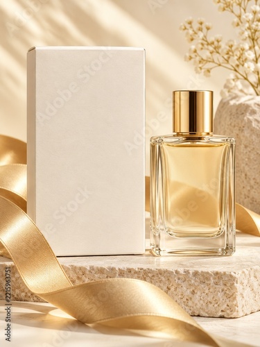 Blank Ivory Perfume Carton with Glass Bottle and Gold Satin Ribbon