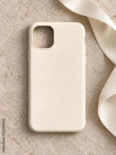 Blank Cream Smartphone Case with Satin Ribbon on Textured Travertine