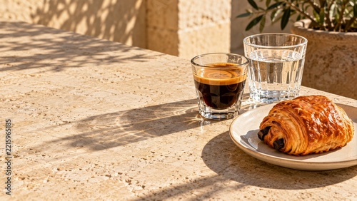 Espresso and Water Glasses with a Chocolate Pastry on a Stone Counter
