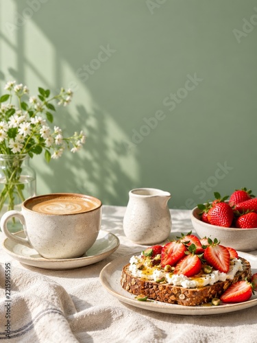 Cappuccino with Strawberry Ricotta Toast in a Sunlit Sage Green Setting