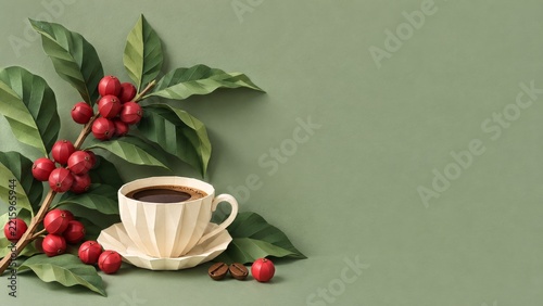 Paper Coffee Cherries and Folded Leaves Beside a Faceted Ivory Cup