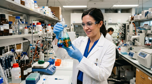 Female Scientist Working With Colorful Liquids In Laboratory Flask