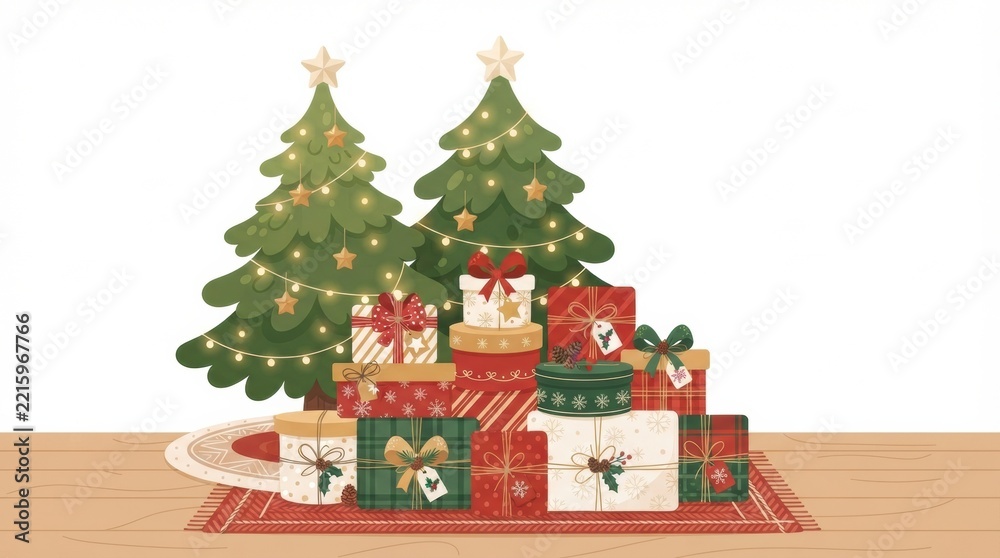 Fototapeta premium Two decorated trees stand beside a pile of colorful gift boxes during the festive winter season.