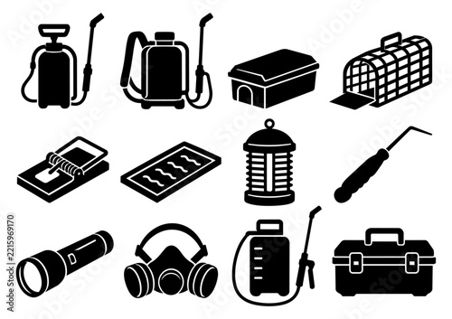 Pest Control Equipment Icon Set – Sprayers, Traps and Tools