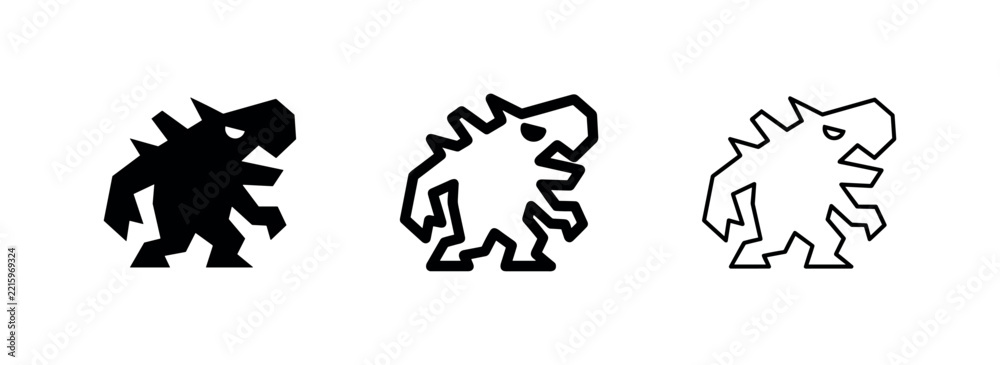 Fototapeta premium Stylized Monster Dinosaur Creature Icon Set in Glyph and Line Art Styles