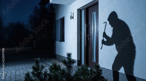 Hooded figure casting a dark shadow on the exterior wall of a home while holding a metal tool to break into the front door during the quiet night