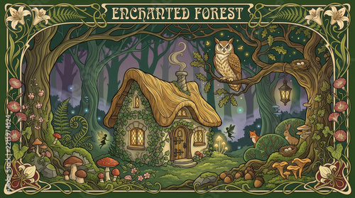 Enchanted forest with a whimsical cottage, owl, and lush greenery. Urban and rural landscapes